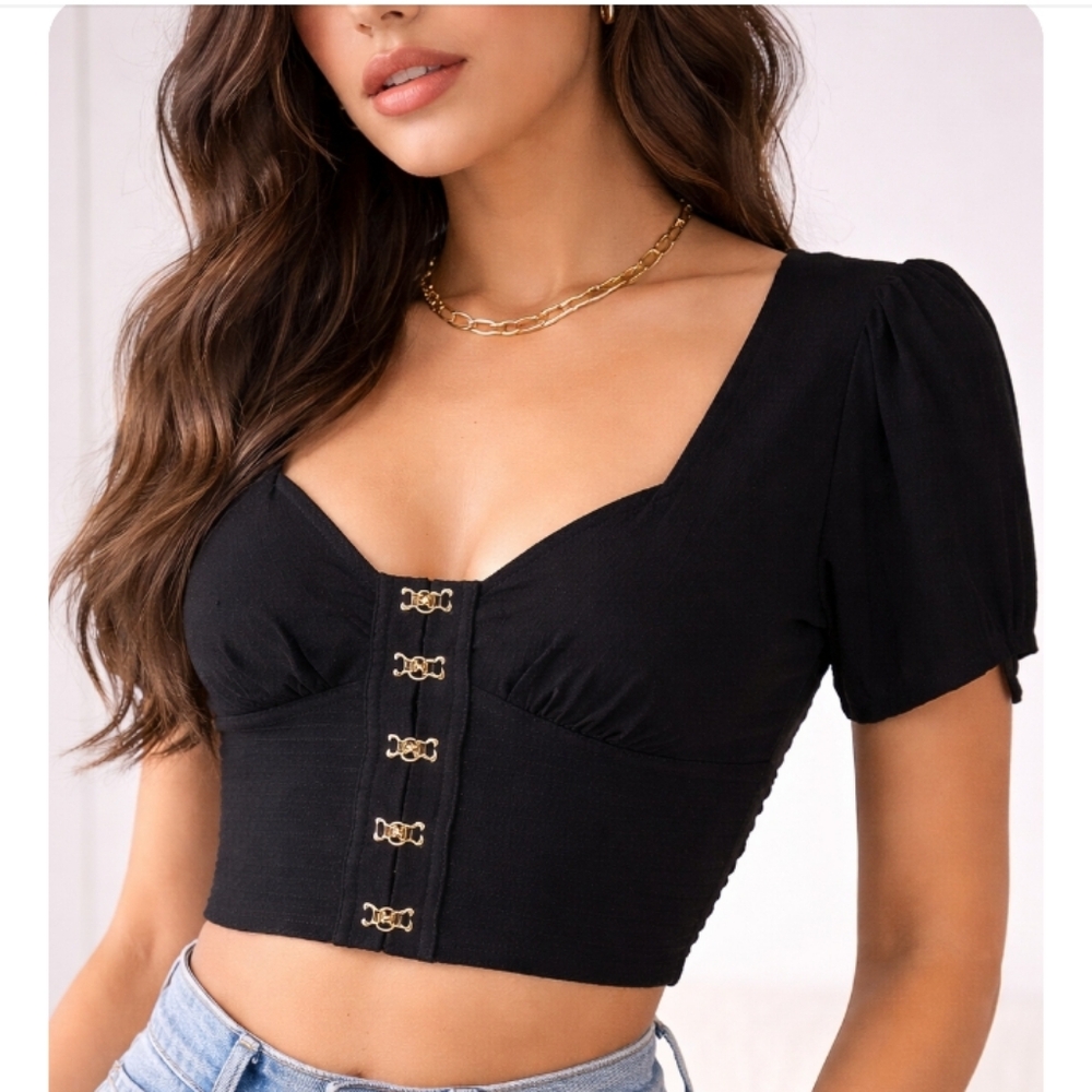 Y2K Black Hook & Eye Crop Top Open Back Going Out Top M